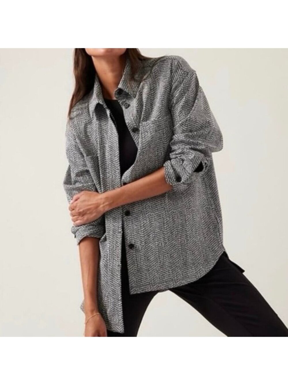 NWT Athleta Textured Shirt Jacket in Black and White Women's XL $149 MSRP